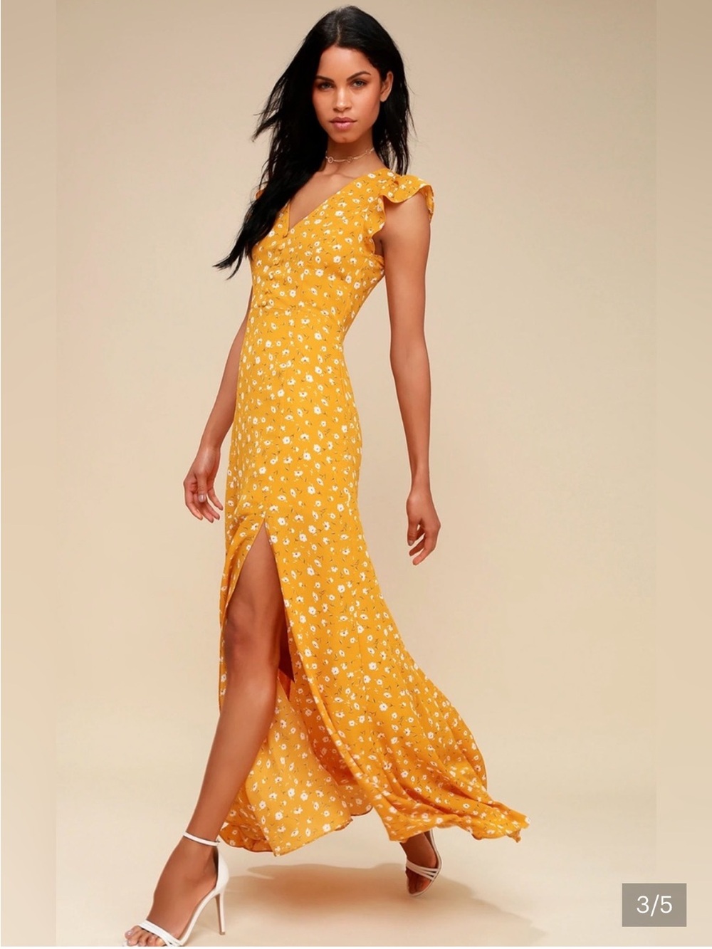 Lulus Yellow Floral V-Neck Maxi Dress with Ruffle Sleeves